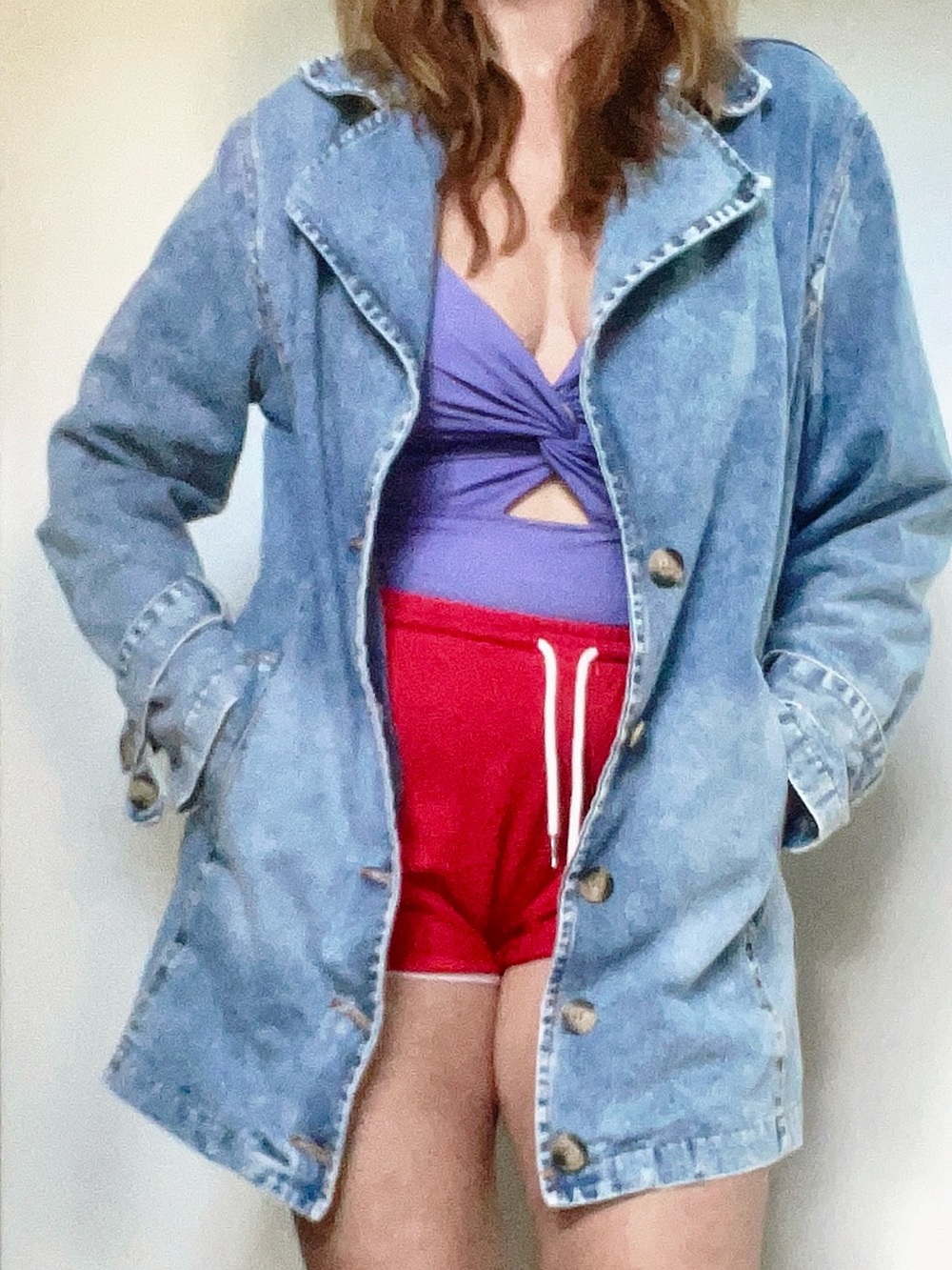 Women's Light Blue Denim Midi Jacket - Casual Button Front Coat